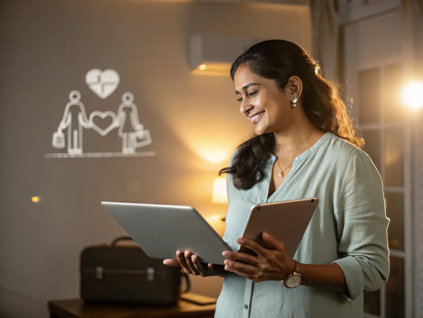 A professional coaching session with a client smiling confidently, with motivational posters in the background, representing career growth and mindset development.