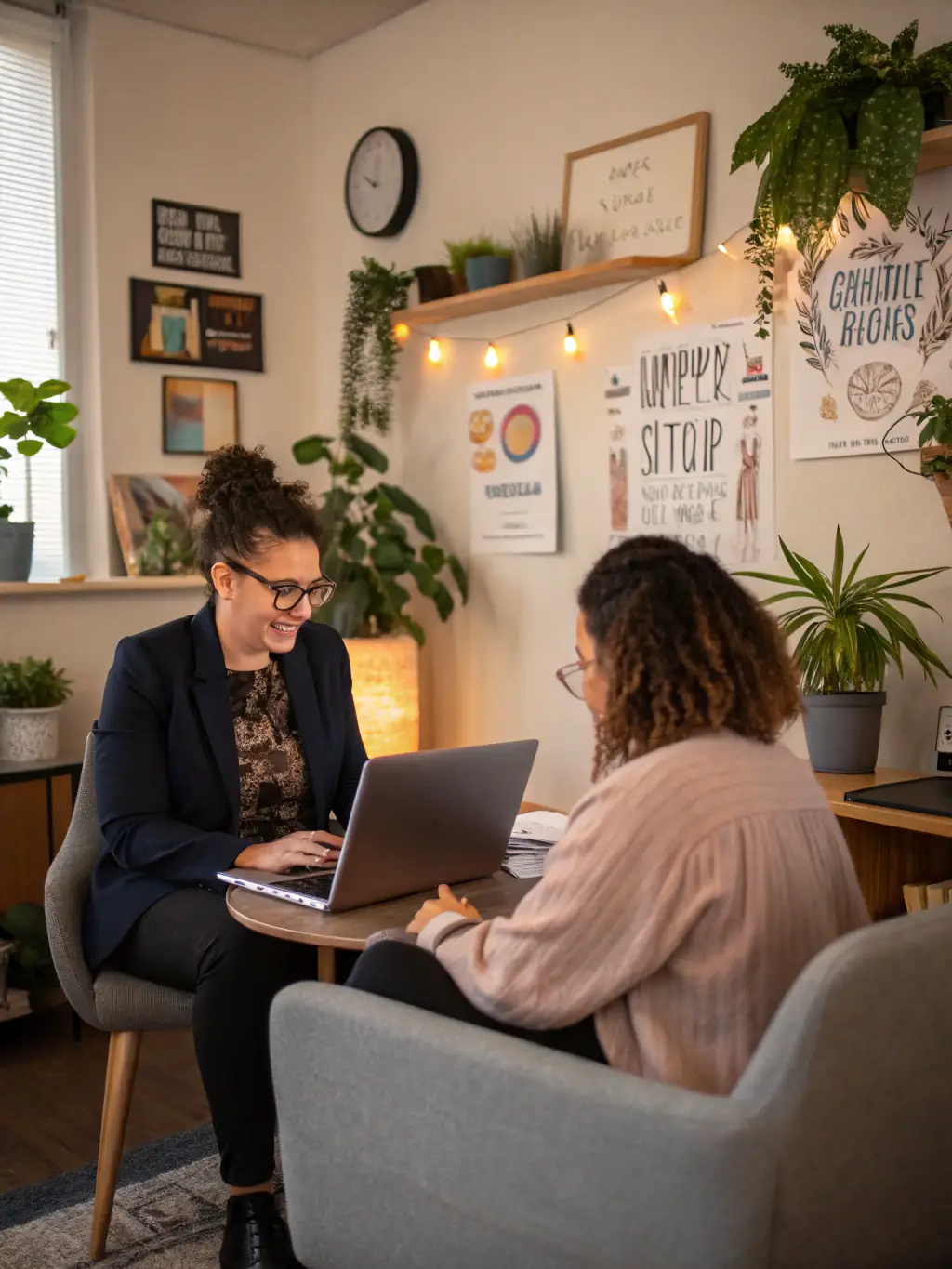 A career coach working with a young professional in a co-working space, discussing career goals, skill development, and strategies for advancement in the Indian corporate sector.